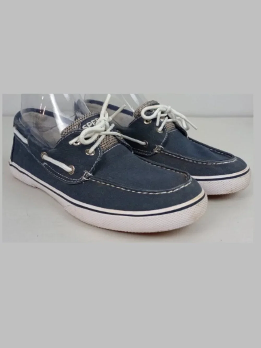 Sperry Top Sider Halyard Mens‎ 4M Blue Canvas 2 Eye White Tie Slip On Boat Shoes